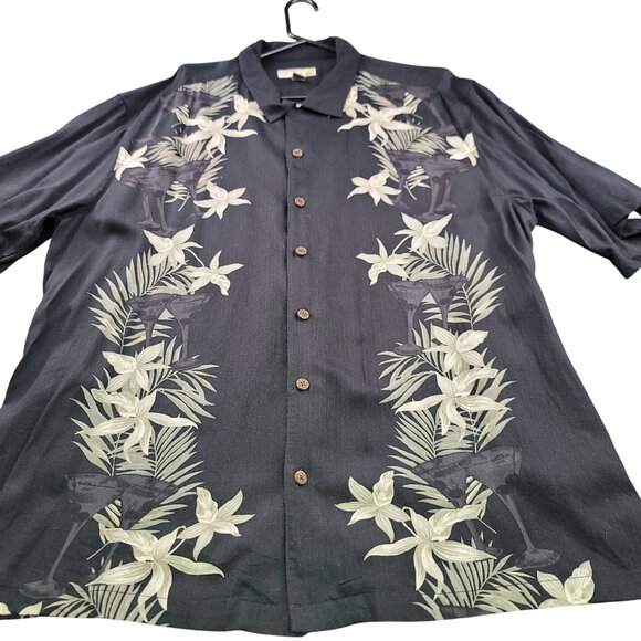 Caribbean Joe Men XXL Black Hawaiian Shirt Martini Glass Floral Design Button-Up - Picture 1 of 8